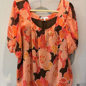 DR2 Orange/pink floral pleated square neck lined blouse size XXL